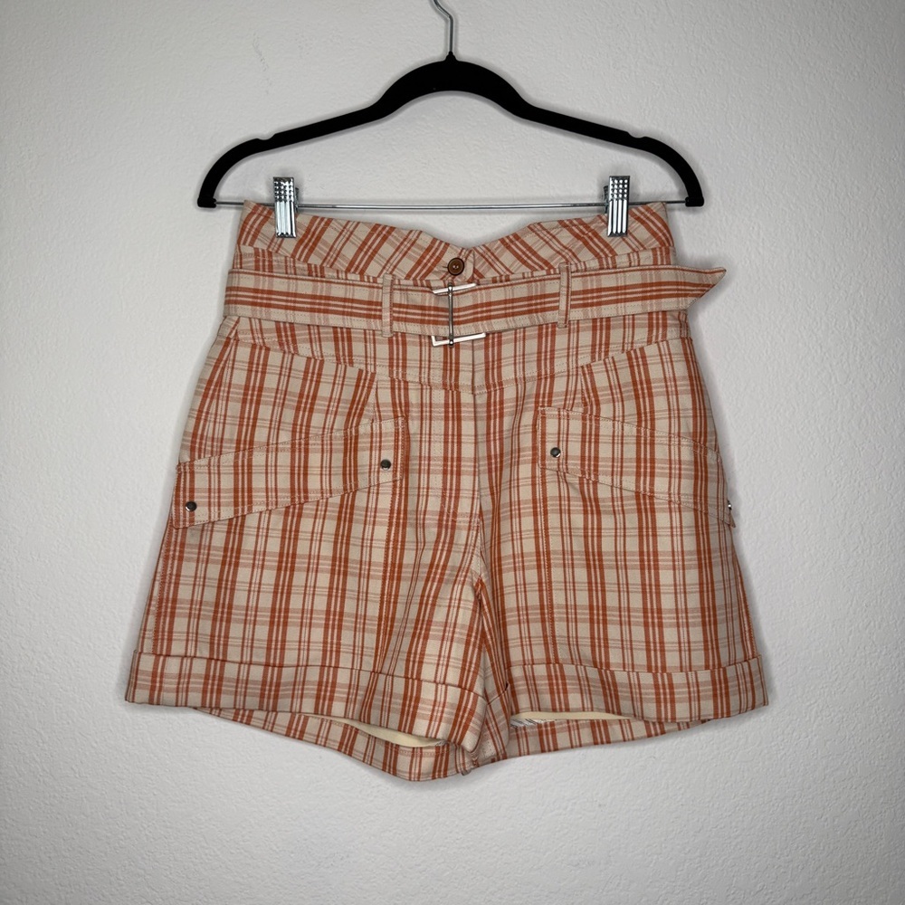 Jonathan Simkhai Shorts Prisha Plaid Belted Lined Cream Orange Size 4